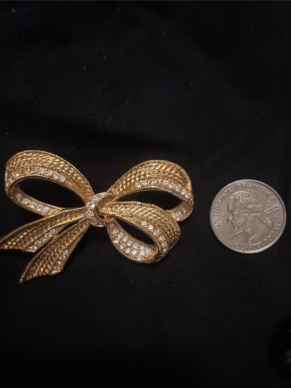Vintage Gold Bow Brooch with Clear Crystal Accents Roman stamp
